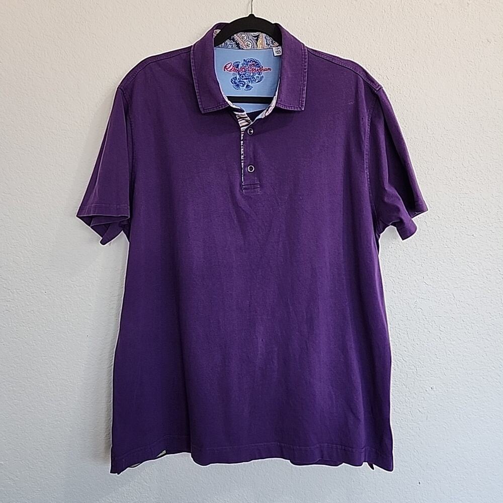 Robert Graham Mens 2XL Polo Shirt Solid Purple with Floral Contrast Casual